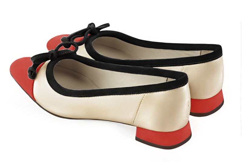 Scarlet red, gold and matt black women's ballet pumps, with low heels. Square toe. Flat flare heels. Rear view - Florence KOOIJMAN